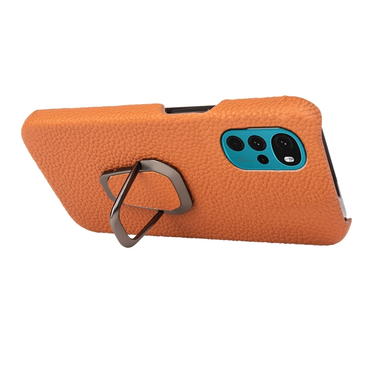 For Motorola Moto G22 Ring Holder Litchi Texture Genuine Leather Phone Case