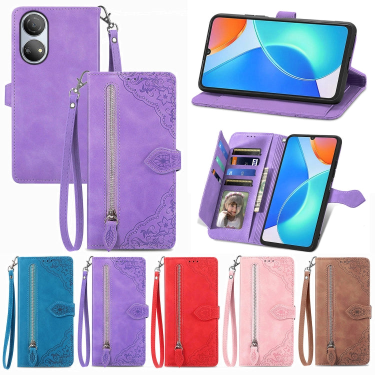 For Honor Play 30 Plus Embossed Flower Zipper Leather Phone Case