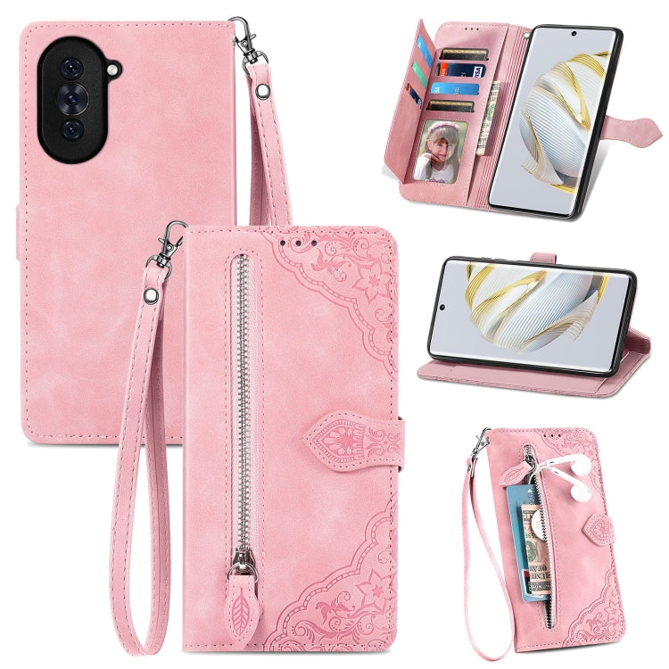 For Huawei Nova 10 Embossed Flower Zipper Leather Phone Case