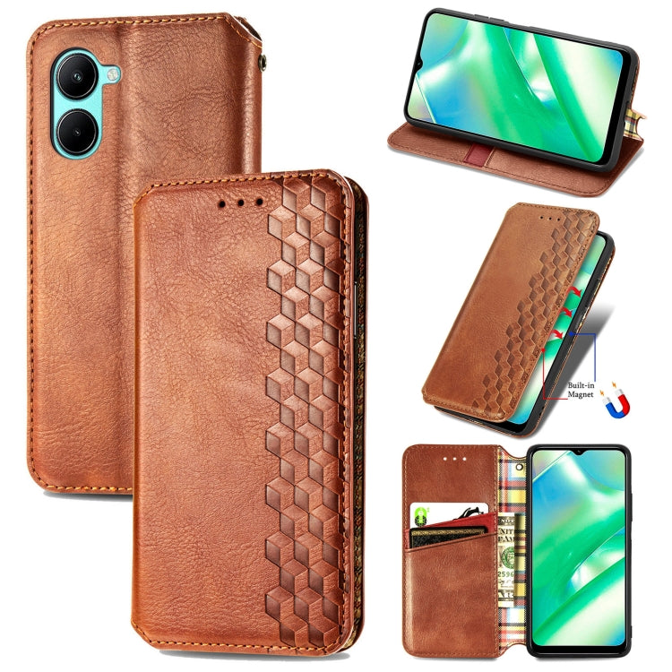 For Realme C33 Cubic Grid Pressed Magnetic Leather Phone Case