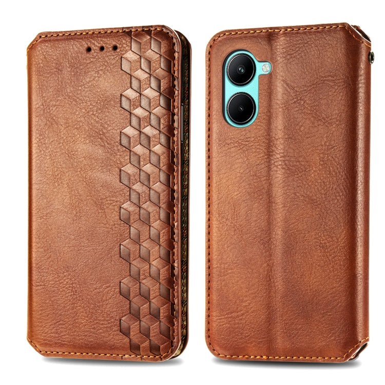 For Realme C33 Cubic Grid Pressed Magnetic Leather Phone Case