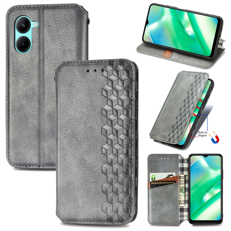 For Realme C33 Cubic Grid Pressed Magnetic Leather Phone Case