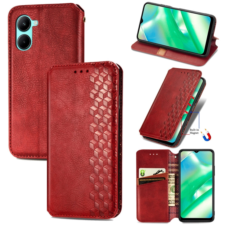 For Realme C33 Cubic Grid Pressed Magnetic Leather Phone Case