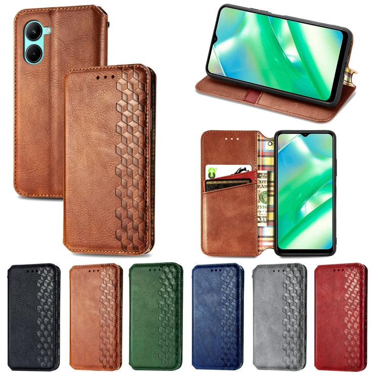 For Realme C33 Cubic Grid Pressed Magnetic Leather Phone Case