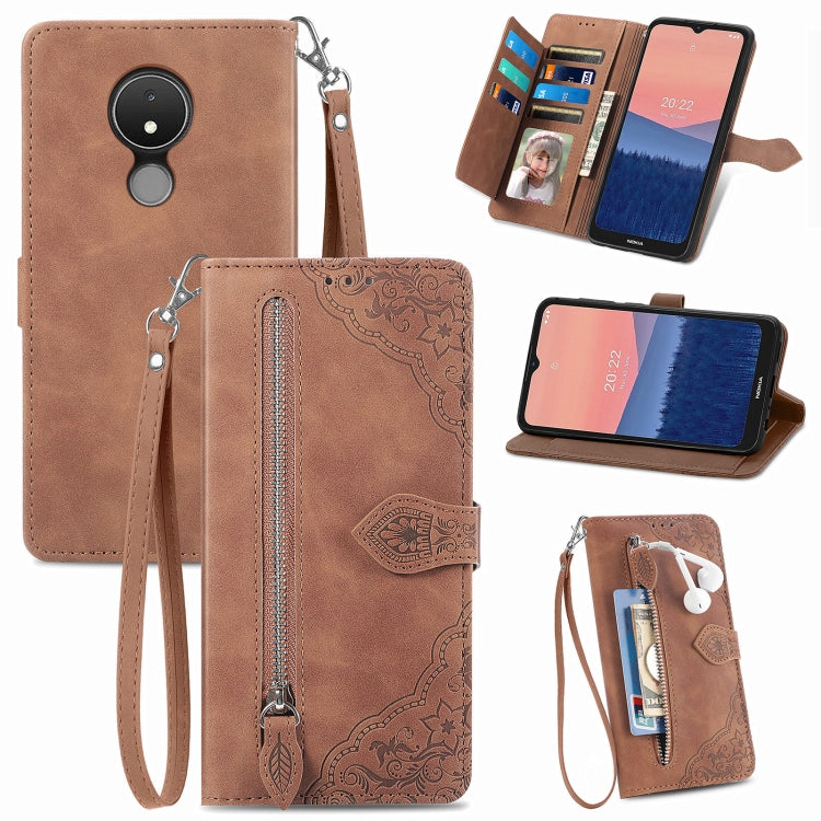 For Nokia C21 Embossed Flower Zipper Leather Phone Case