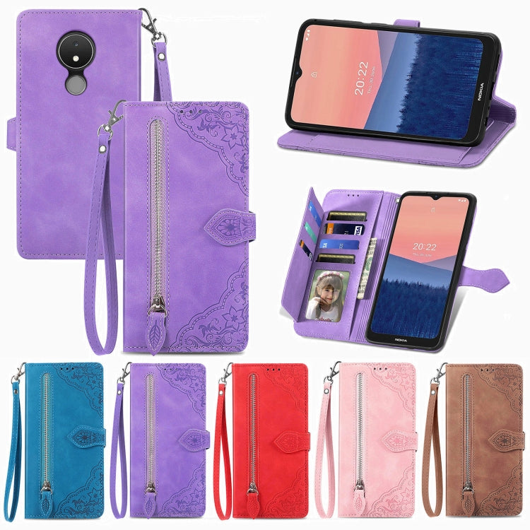 For Nokia C21 Embossed Flower Zipper Leather Phone Case