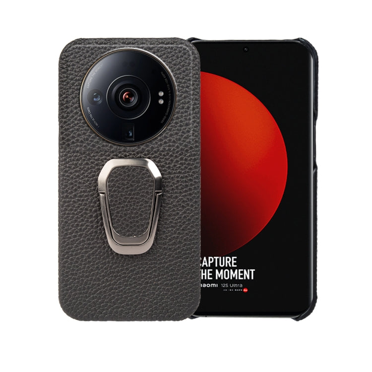 For Xiaomi 12 Ultra / 12S Ultra Ring Holder Litchi Texture Genuine Leather Phone Case