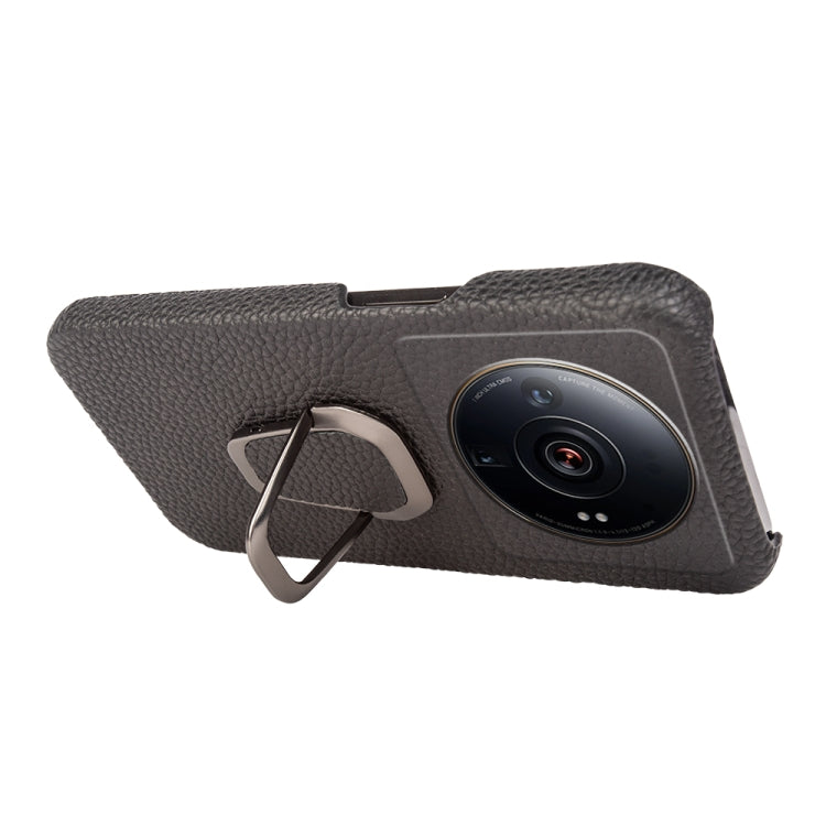 For Xiaomi 12 Ultra / 12S Ultra Ring Holder Litchi Texture Genuine Leather Phone Case