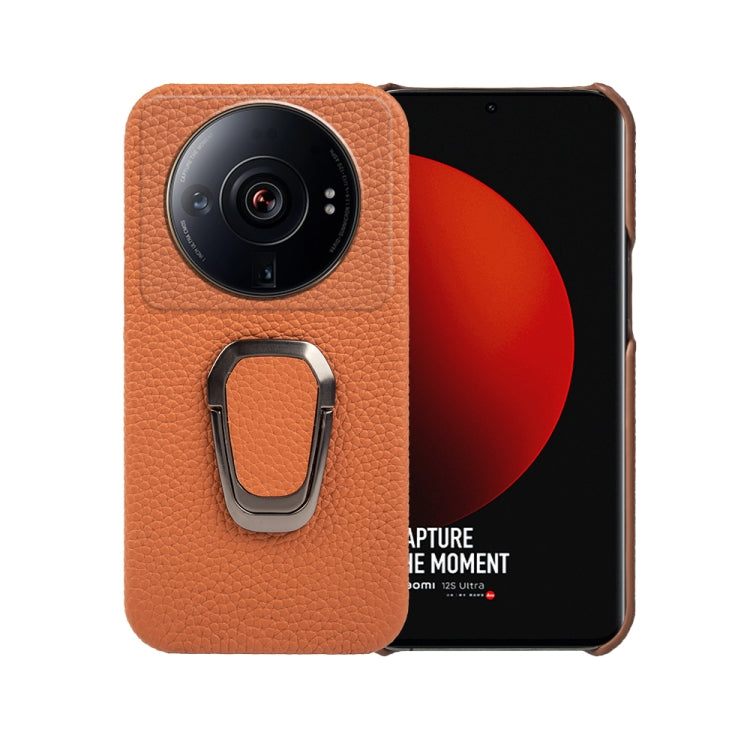 For Xiaomi 12 Ultra / 12S Ultra Ring Holder Litchi Texture Genuine Leather Phone Case