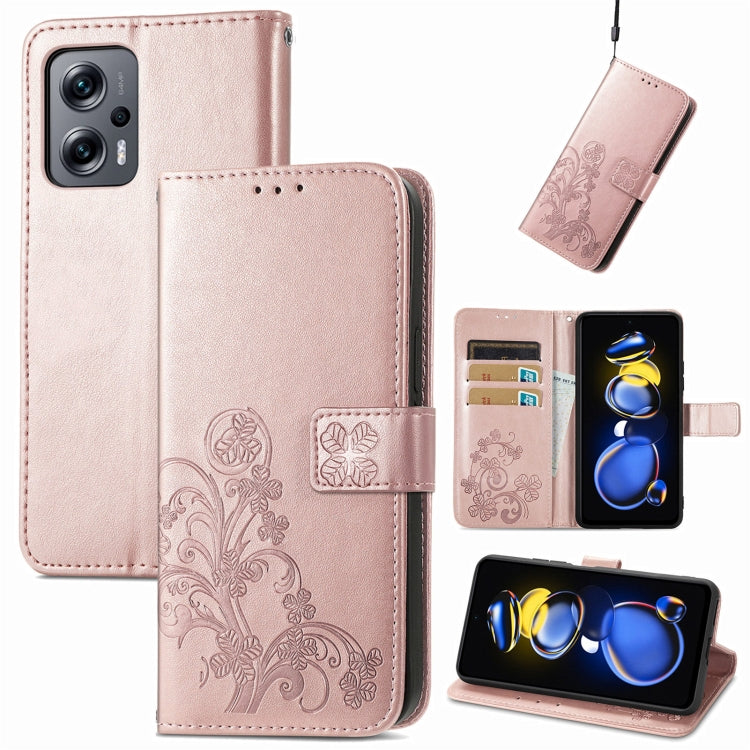 For Xiaomi Redmi Note 11T Four-leaf Clasp Embossed Buckle Leather Phone Case