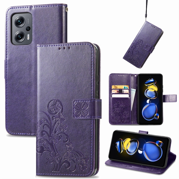 For Xiaomi Redmi Note 11T Four-leaf Clasp Embossed Buckle Leather Phone Case