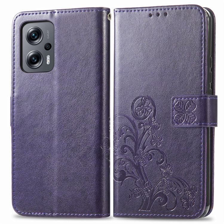 For Xiaomi Redmi Note 11T Four-leaf Clasp Embossed Buckle Leather Phone Case