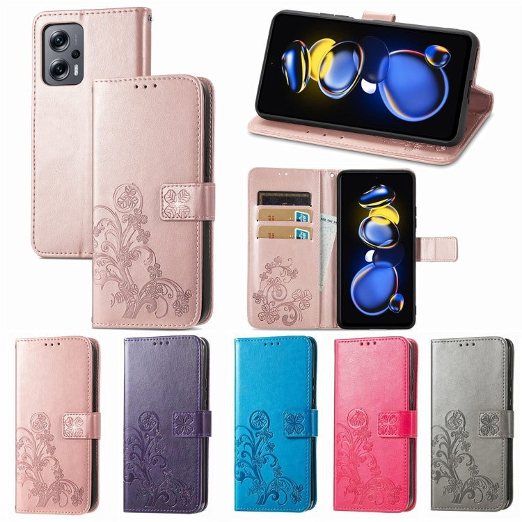 For Xiaomi Redmi Note 11T Four-leaf Clasp Embossed Buckle Leather Phone Case