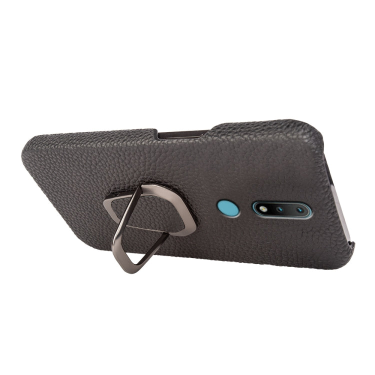 For Nokia 2.4 Ring Holder Litchi Texture Genuine Leather Phone Case