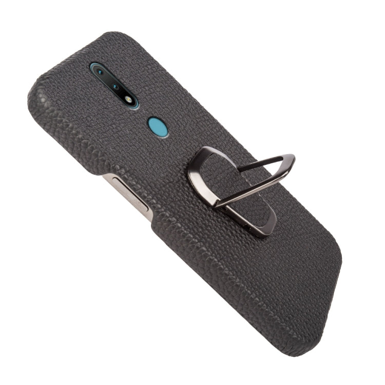 For Nokia 2.4 Ring Holder Litchi Texture Genuine Leather Phone Case