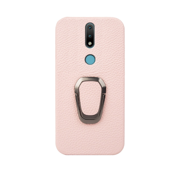 For Nokia 2.4 Ring Holder Litchi Texture Genuine Leather Phone Case