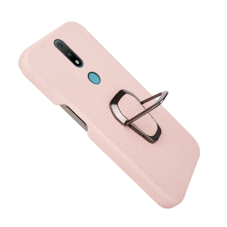 For Nokia 2.4 Ring Holder Litchi Texture Genuine Leather Phone Case