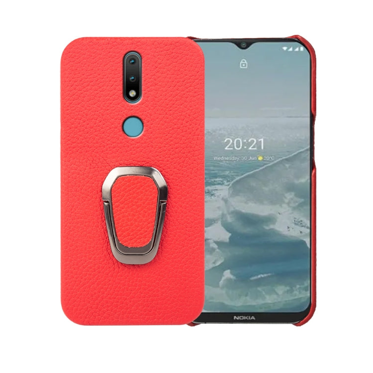 For Nokia 2.4 Ring Holder Litchi Texture Genuine Leather Phone Case