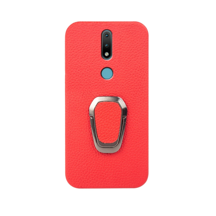 For Nokia 2.4 Ring Holder Litchi Texture Genuine Leather Phone Case