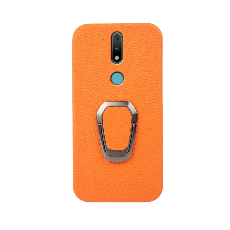 For Nokia 2.4 Ring Holder Litchi Texture Genuine Leather Phone Case
