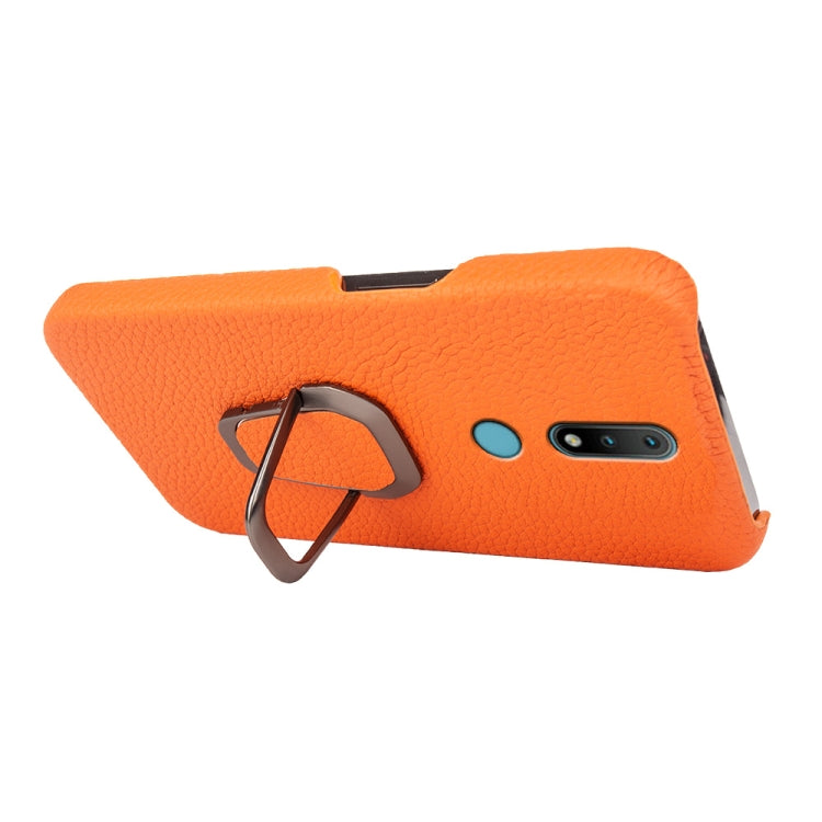 For Nokia 2.4 Ring Holder Litchi Texture Genuine Leather Phone Case