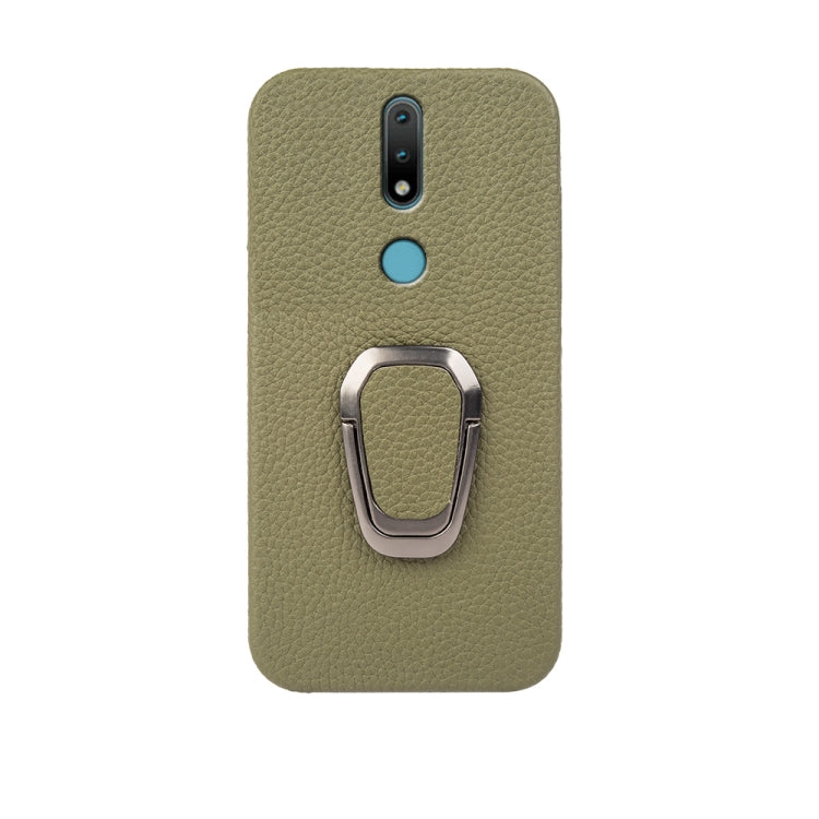 For Nokia 2.4 Ring Holder Litchi Texture Genuine Leather Phone Case