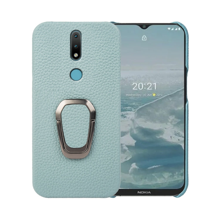 For Nokia 2.4 Ring Holder Litchi Texture Genuine Leather Phone Case