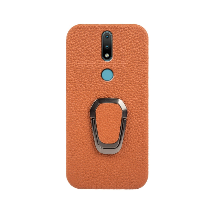 For Nokia 2.4 Ring Holder Litchi Texture Genuine Leather Phone Case