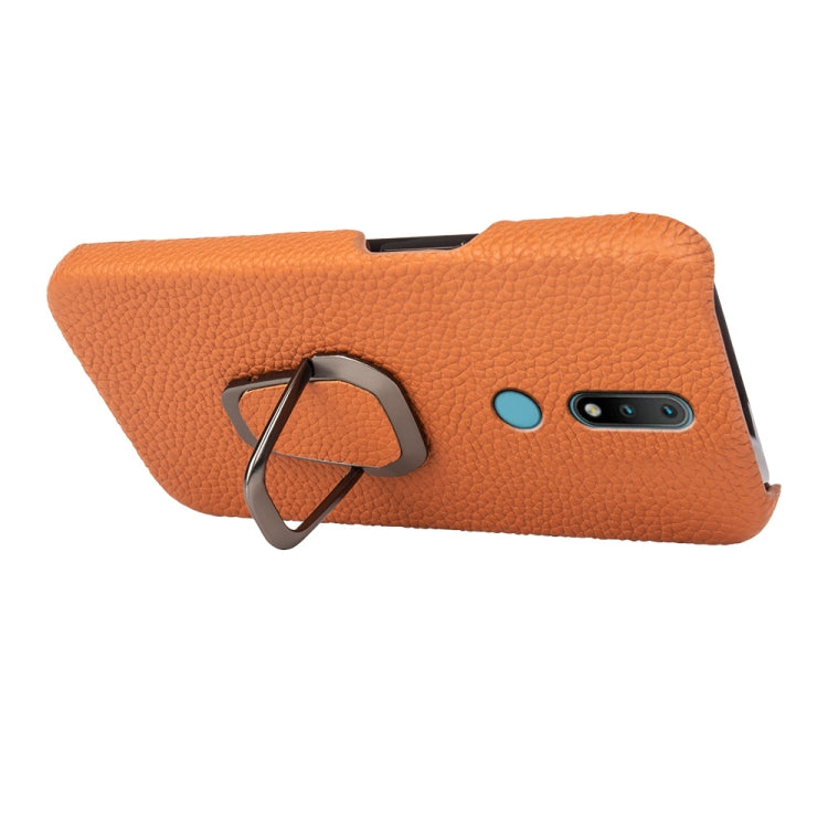 For Nokia 2.4 Ring Holder Litchi Texture Genuine Leather Phone Case