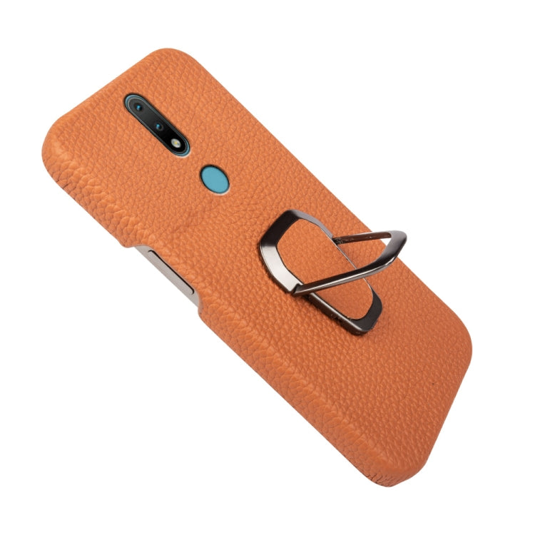 For Nokia 2.4 Ring Holder Litchi Texture Genuine Leather Phone Case