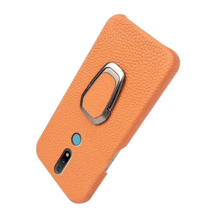 For Nokia 2.4 Ring Holder Litchi Texture Genuine Leather Phone Case