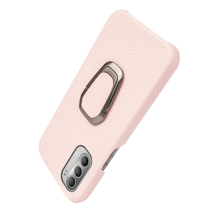 For Motorola Moto G51 5G Ring Holder Litchi Texture Genuine Leather Phone Case