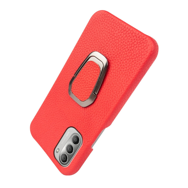 For Motorola Moto G51 5G Ring Holder Litchi Texture Genuine Leather Phone Case