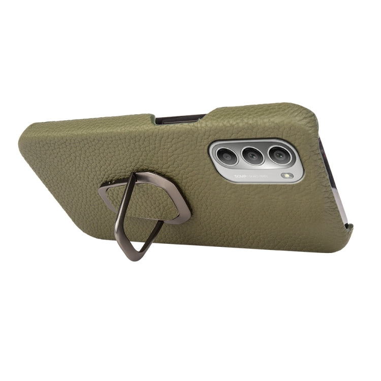 For Motorola Moto G51 5G Ring Holder Litchi Texture Genuine Leather Phone Case