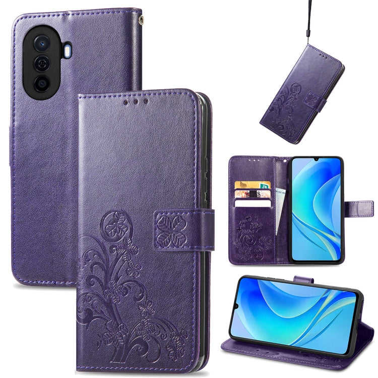 For Huawei Enjoy 50 / nova Y70 Four-leaf Clasp Embossed Leather Phone Case