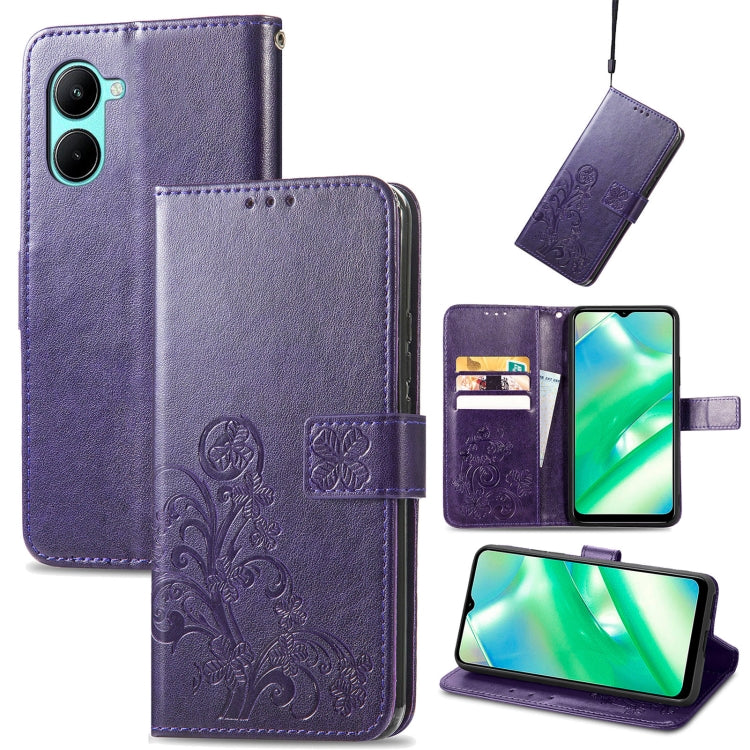 For Realme C33 Four-leaf Clasp Embossed Buckle Leather Phone Case