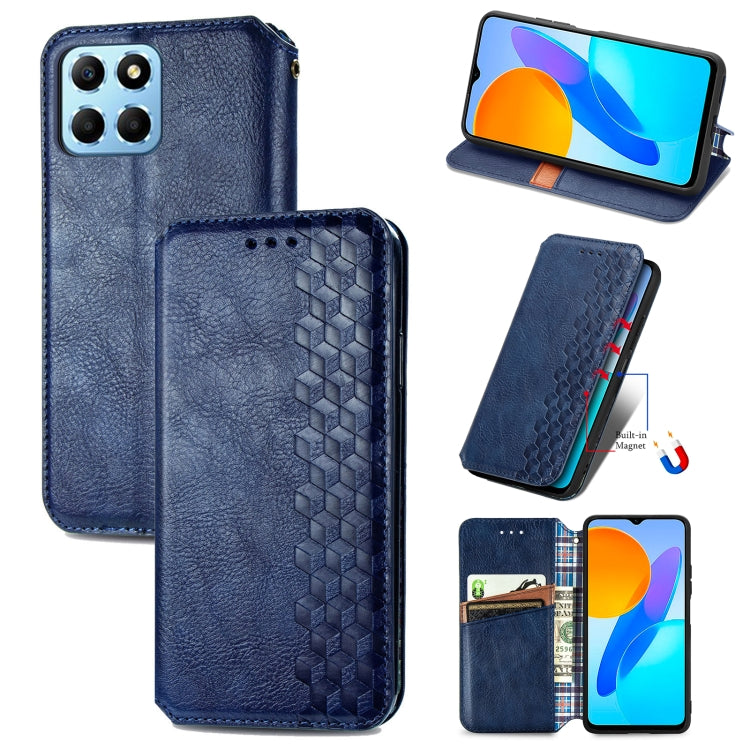 For Honor X8 5G Cubic Grid Pressed Magnetic Leather Phone Case