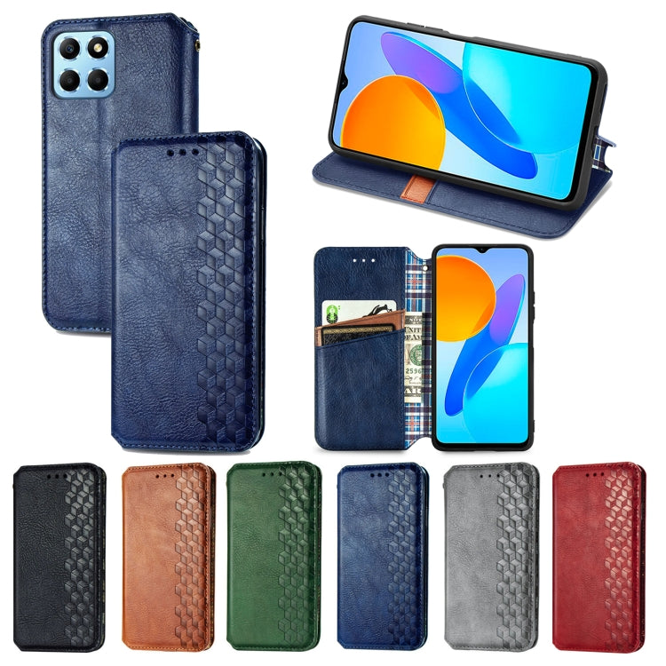 For Honor X8 5G Cubic Grid Pressed Magnetic Leather Phone Case