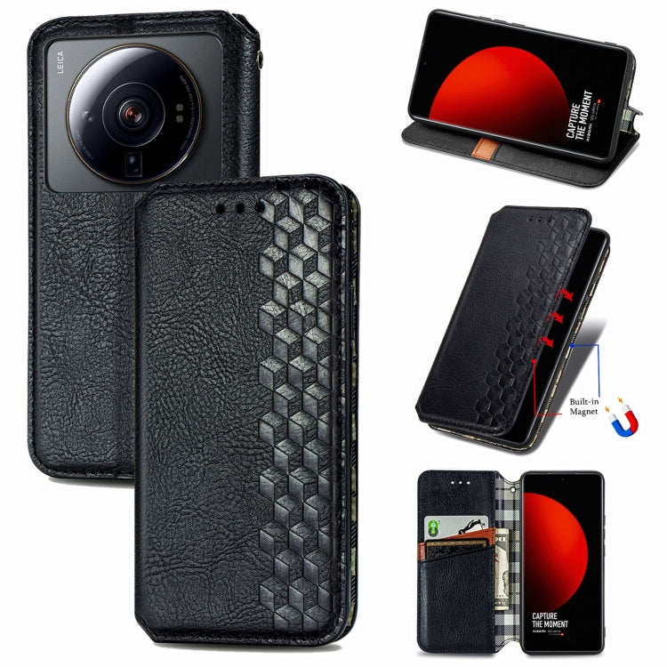 For Xiaomi 12S Ultra Cubic Grid Pressed Magnetic Leather Phone Case