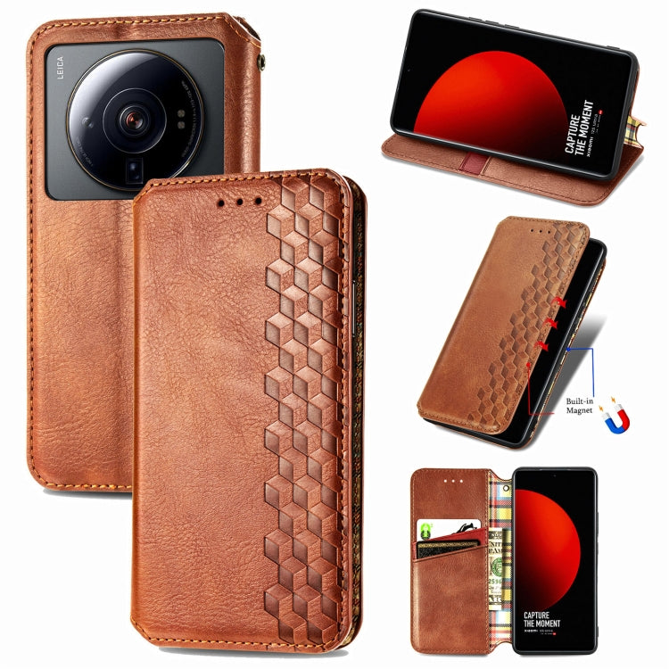 For Xiaomi 12S Ultra Cubic Grid Pressed Magnetic Leather Phone Case