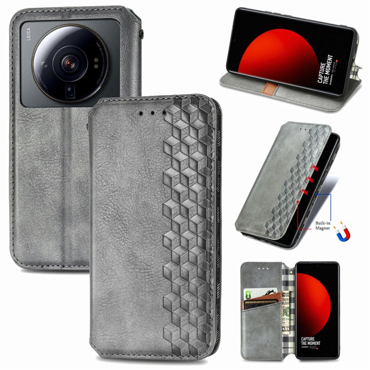 For Xiaomi 12S Ultra Cubic Grid Pressed Magnetic Leather Phone Case