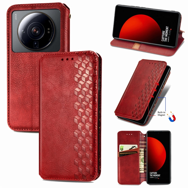 For Xiaomi 12S Ultra Cubic Grid Pressed Magnetic Leather Phone Case
