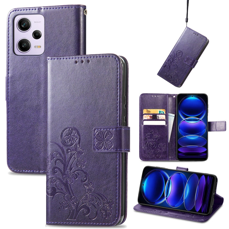 For Xiaomi Redmi Note 12 5G Global Four-leaf Clasp Embossed Buckle Leather Phone Case