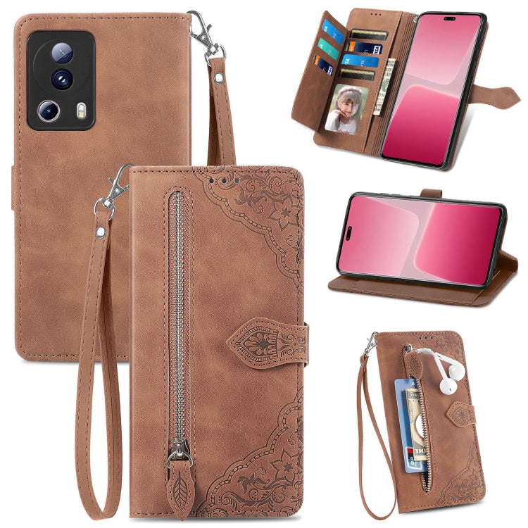 For Xiaomi 13 Lite Embossed Flower Zipper Leather Phone Case
