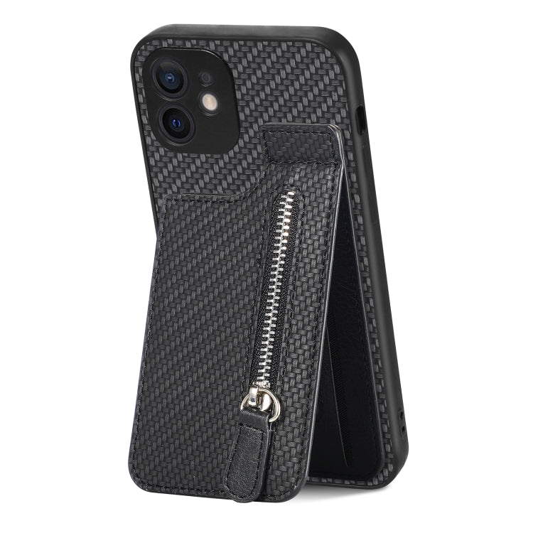 For iPhone 11 Carbon Fiber Vertical Flip Zipper Phone Case