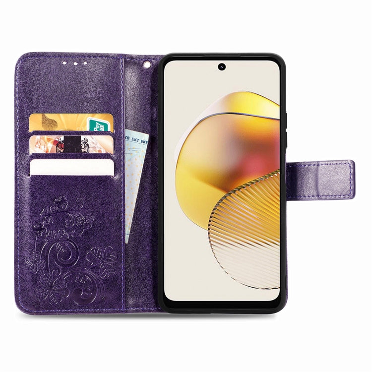 For Motorola Moto G73 Four-leaf Clasp Embossed Buckle Leather Phone Case