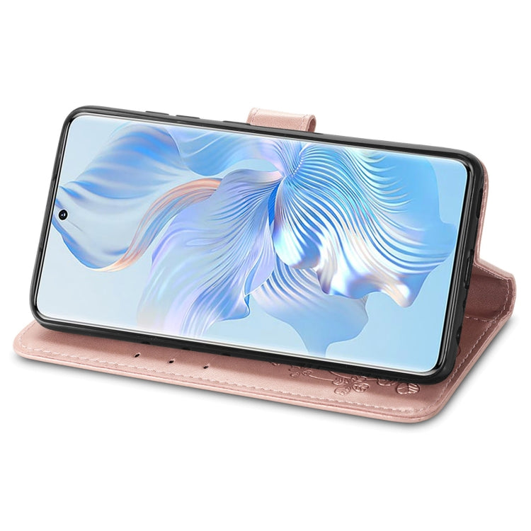 For Honor 80 Four-leaf Clasp Embossed Buckle Leather Phone Case