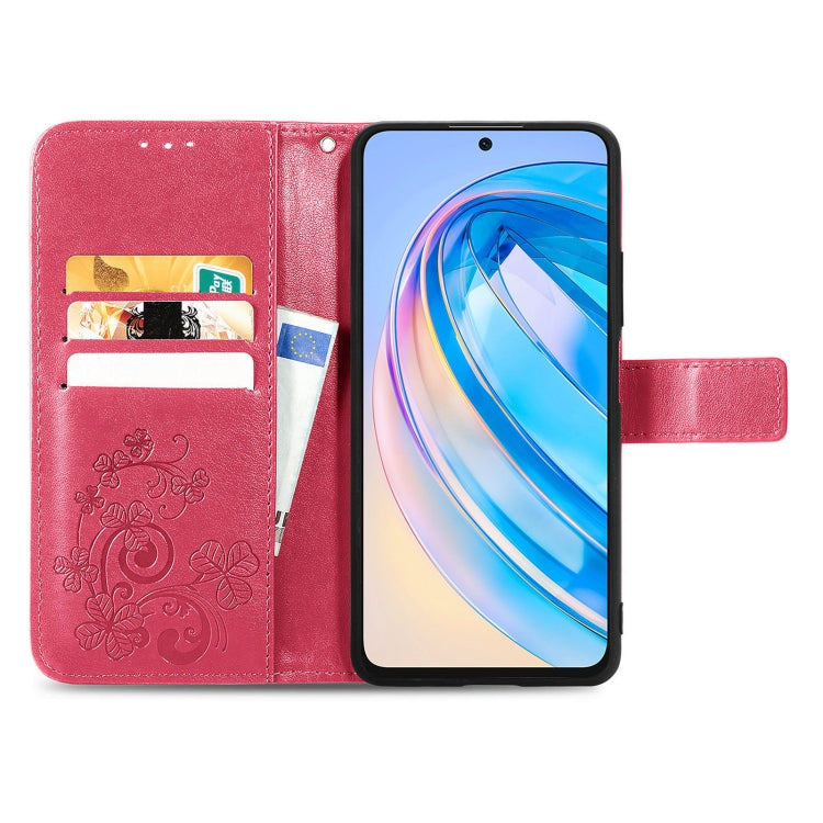 For Honor X8A Four-leaf Clasp Embossed Buckle Leather Phone Case