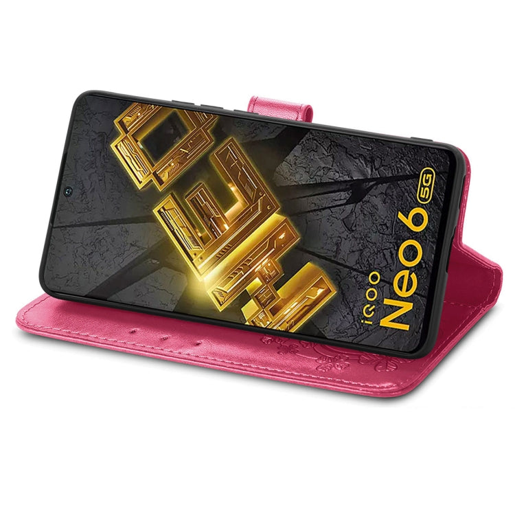 For vivo iQOO Neo6 Four-leaf Clasp Embossed Buckle Leather Phone Case