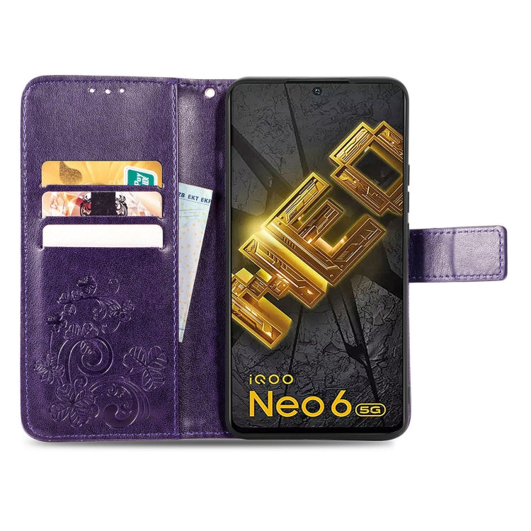 For vivo iQOO Neo6 Four-leaf Clasp Embossed Buckle Leather Phone Case